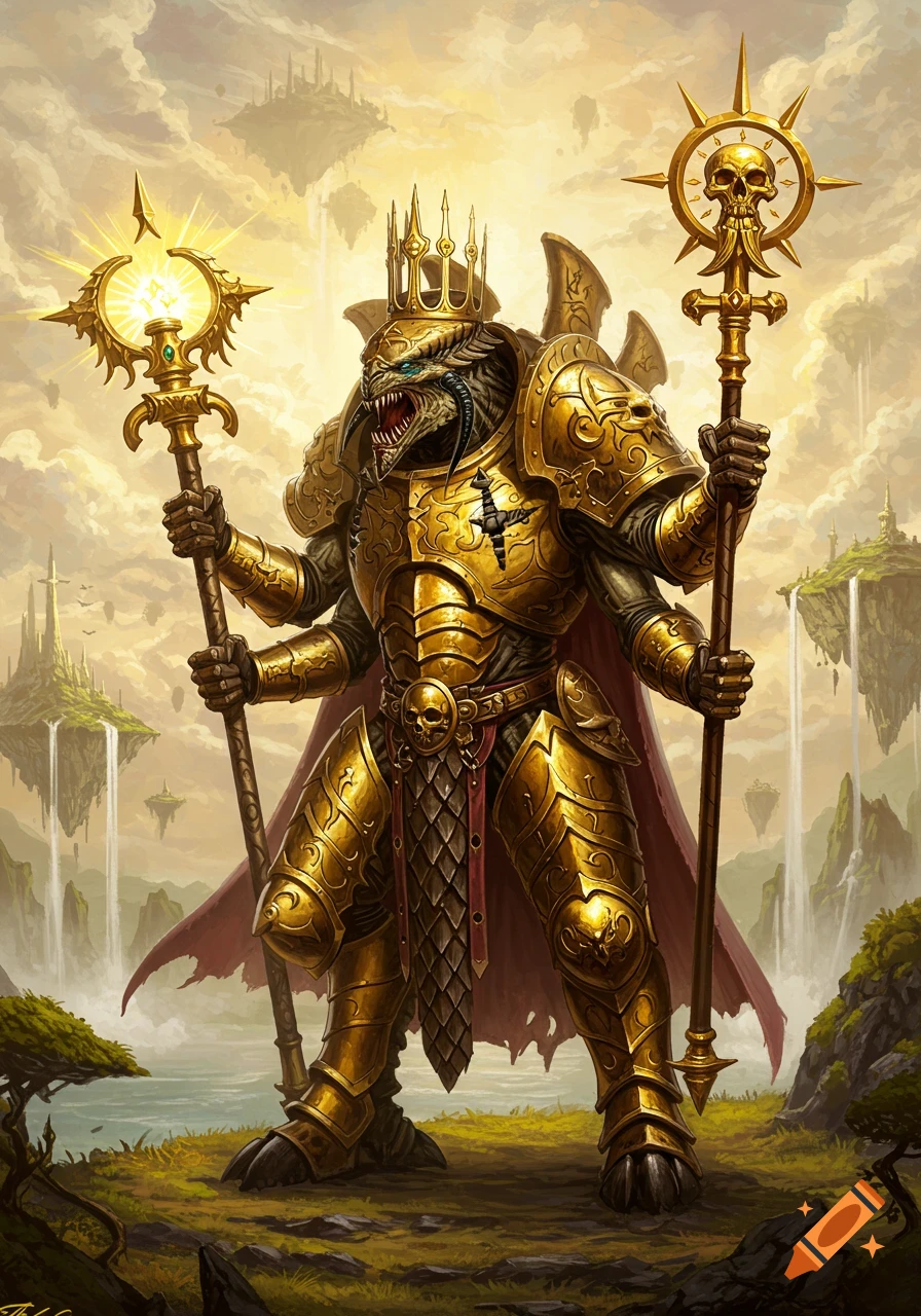 A majestic four-armed reptilian warrior in ornate golden armor and crown, holding two golden staves, stands in a fantasy landscape with floating islands.