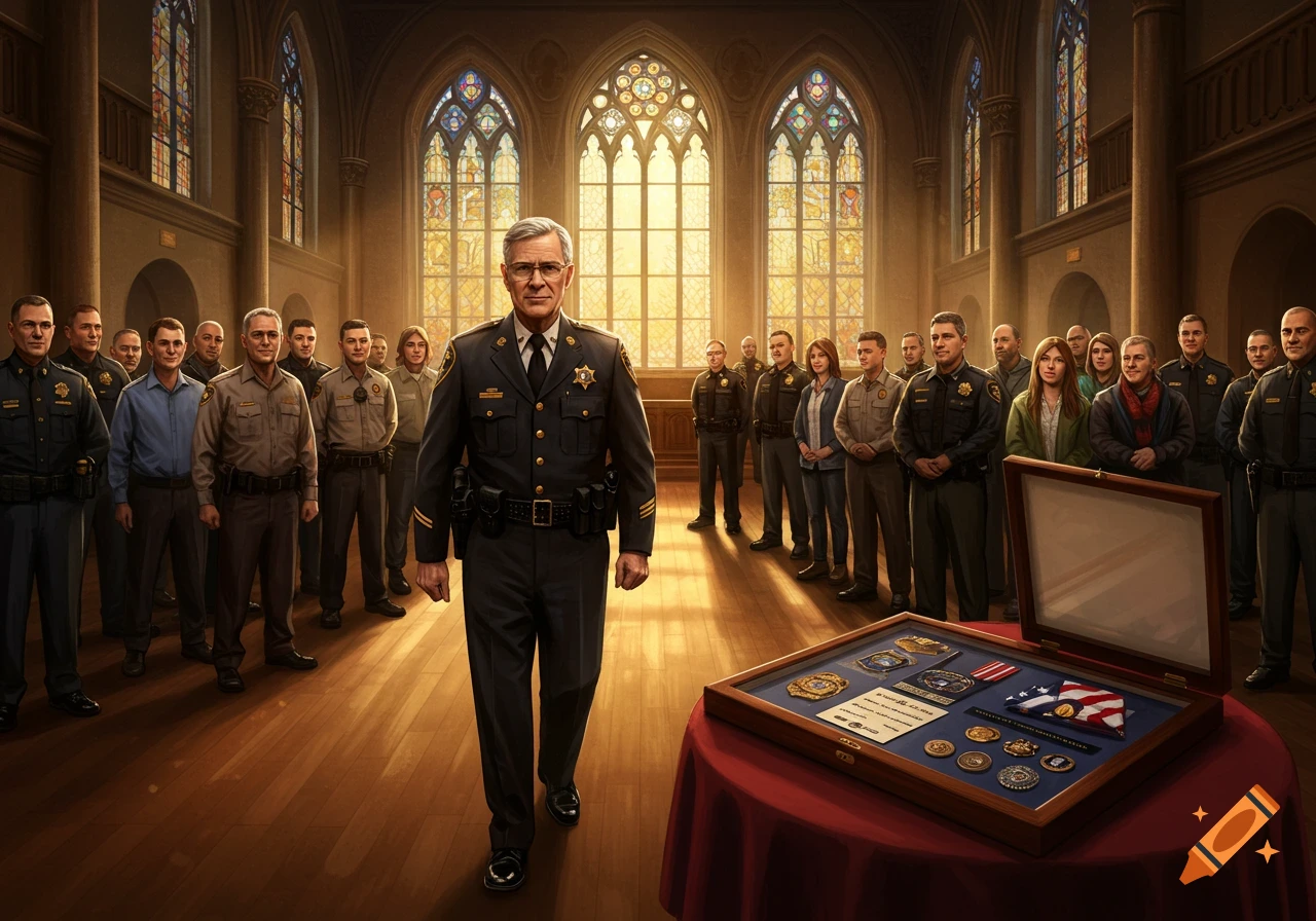 A senior police officer walks forward past a line of officers and civilians in a grand hall with stained-glass windows, towards a display case with medals.
