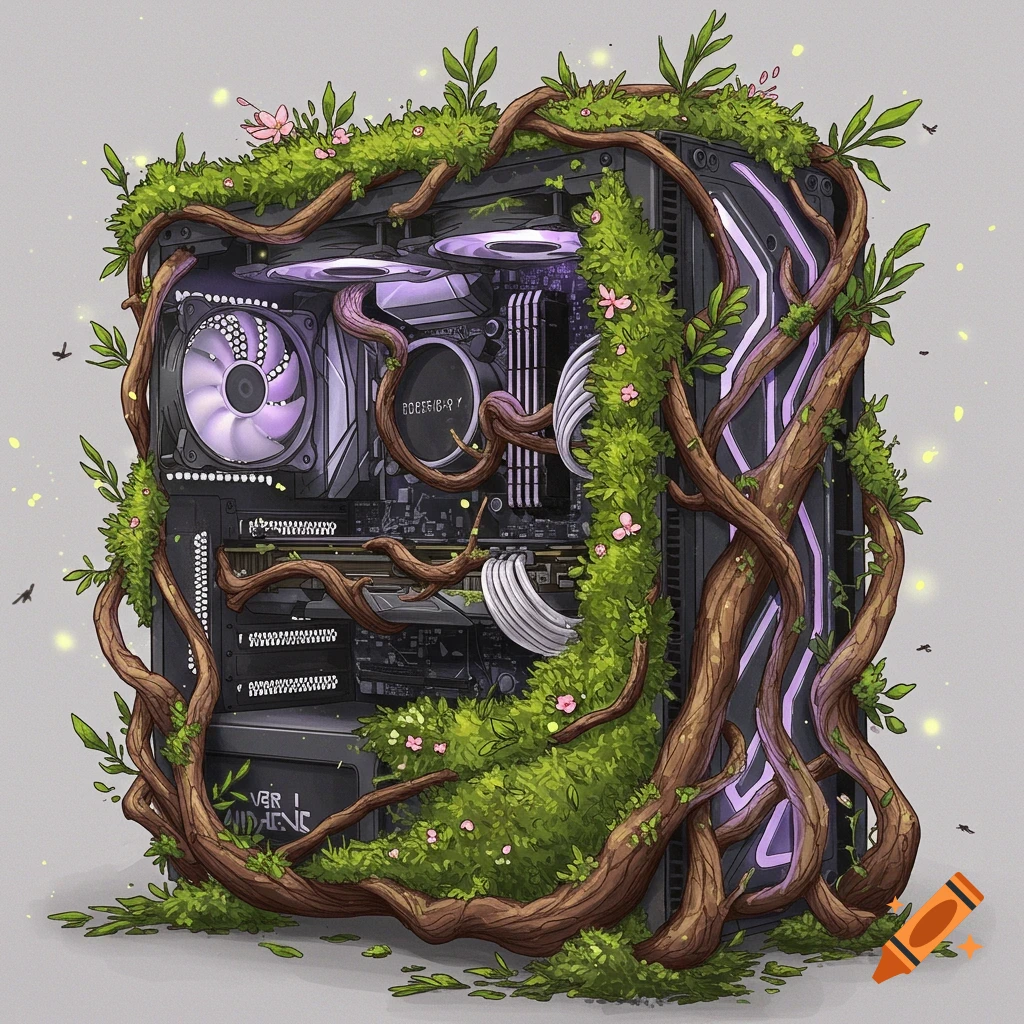 An illustration of a desktop computer case overgrown with lush green vines, leaves, pink flowers, and tree branches on a grey background.