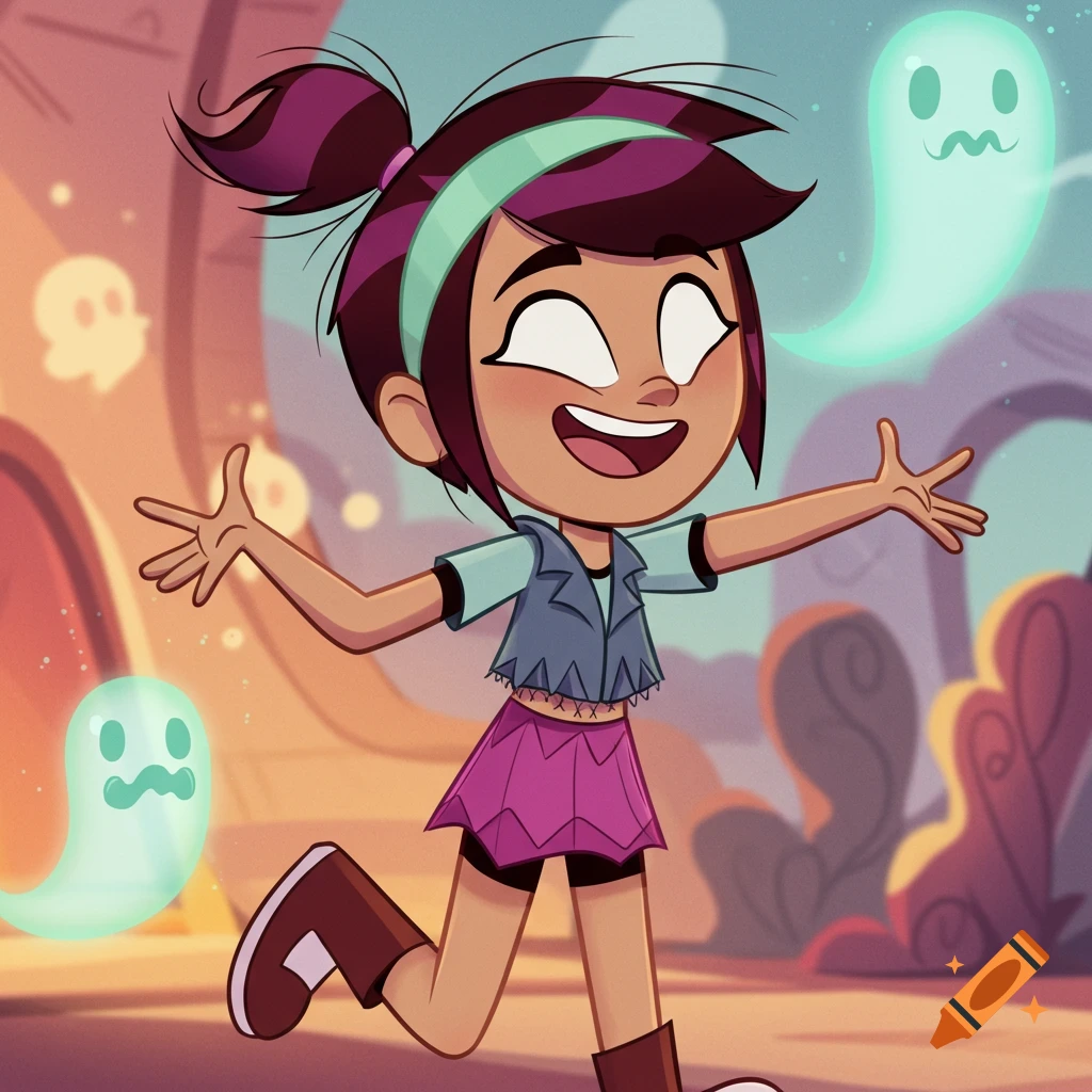 A smiling cartoon girl with purple hair and a pink skirt runs with outstretched arms as three ghosts float around her in a colorful landscape.