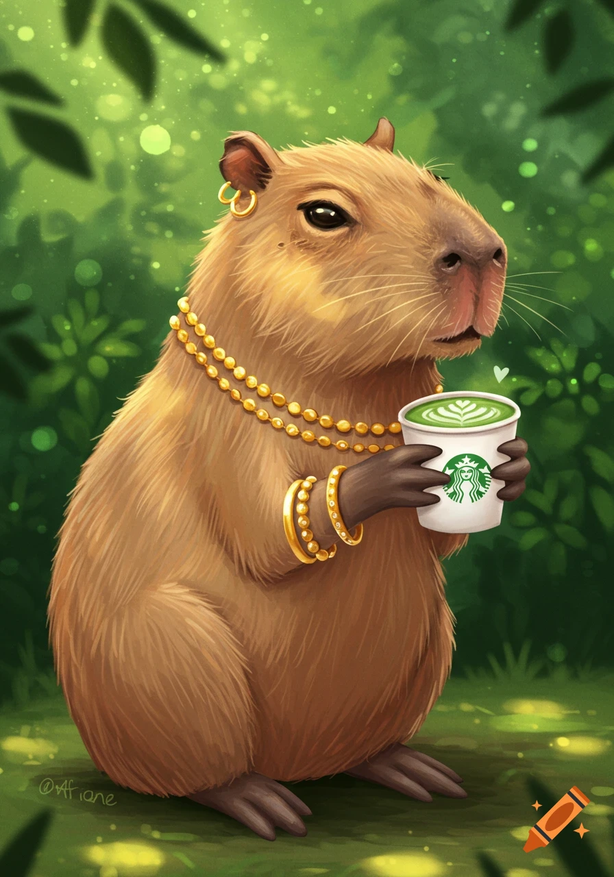 A cute capybara wearing gold necklaces and bangles holds a Starbucks matcha latte in a vibrant green, sparkling forest.