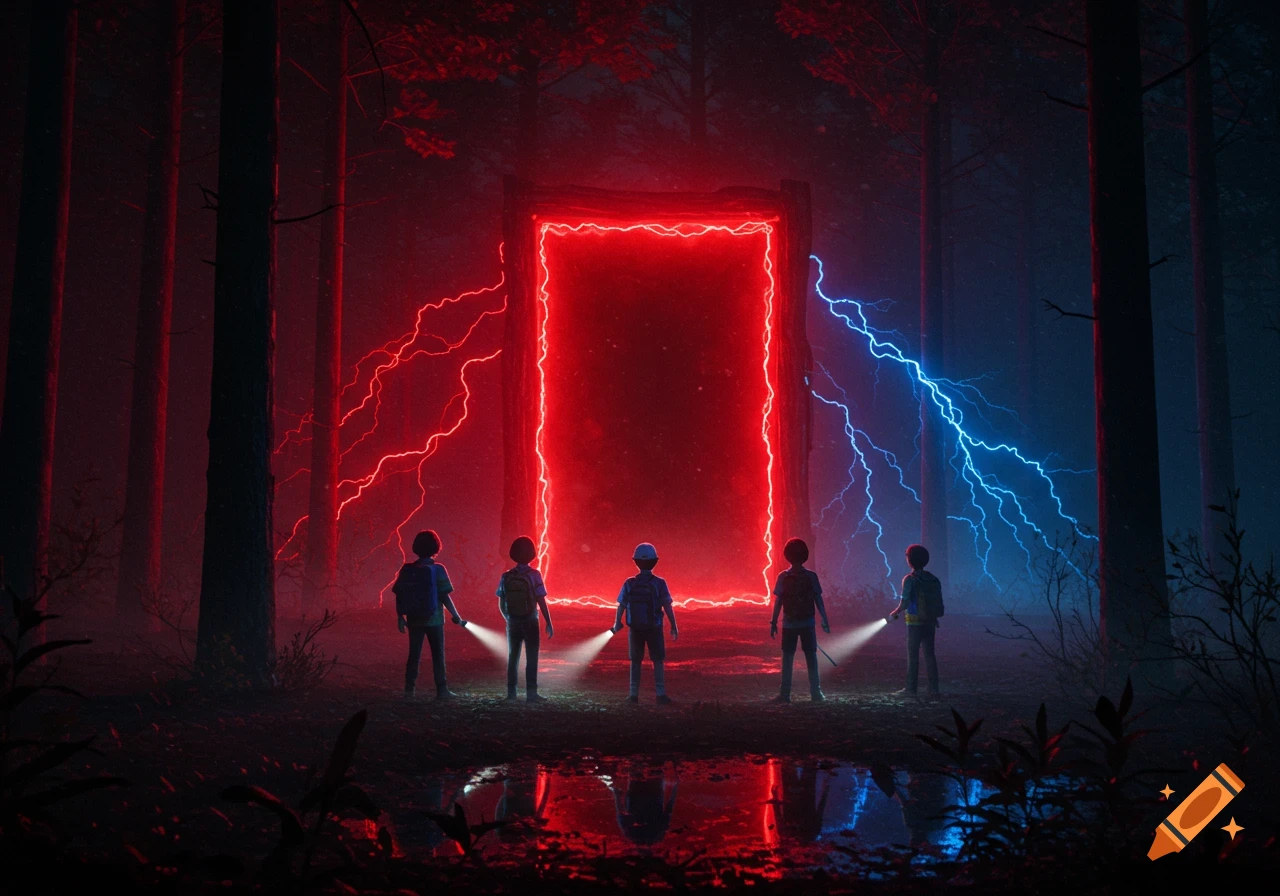 Five kids with flashlights stand in a dark forest, facing a glowing red rectangular portal with red and blue lightning.