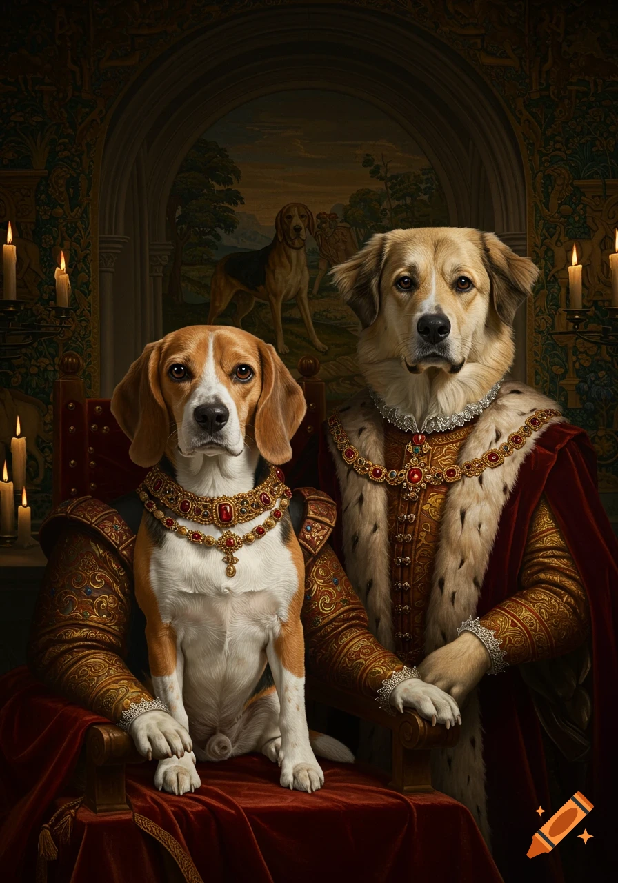 A renaissance-style portrait of a beagle and a tan dog, both dressed in elaborate kingly robes and jewels.