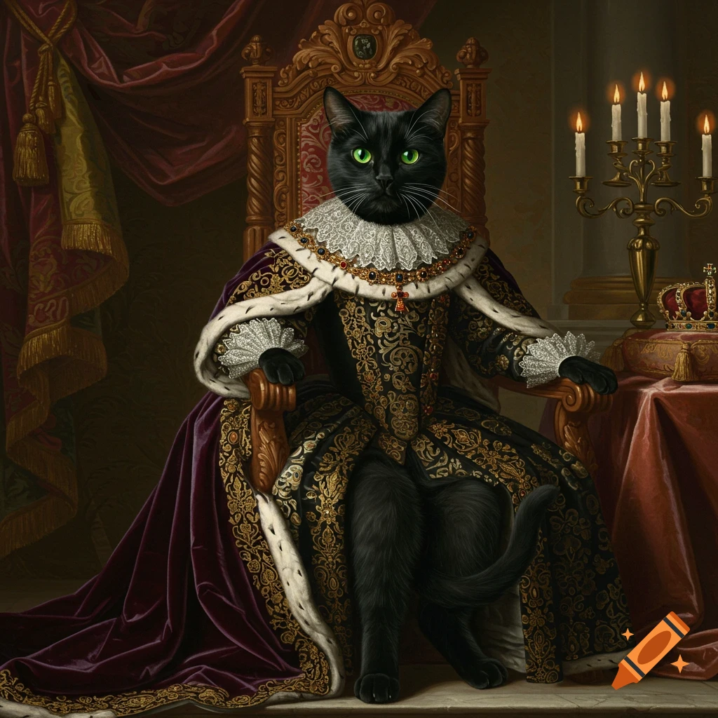 A black cat with green eyes sits regally on an ornate golden throne, dressed in lavish baroque royal robes with a ruff and jewels, depicted as a classical painting.