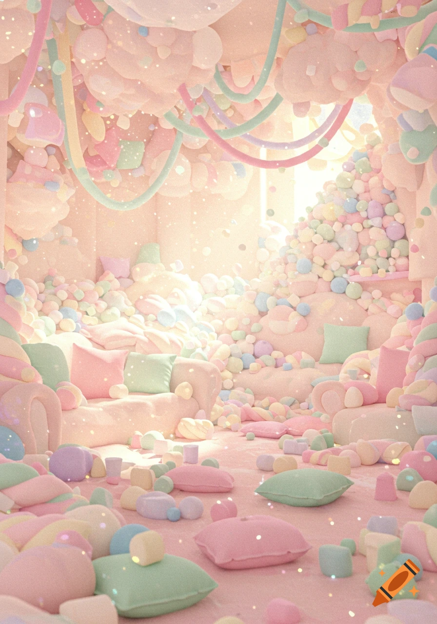 A dreamy room filled with an abundance of pastel-colored marshmallows, soft pillows, and fluffy clouds. Stylized art.