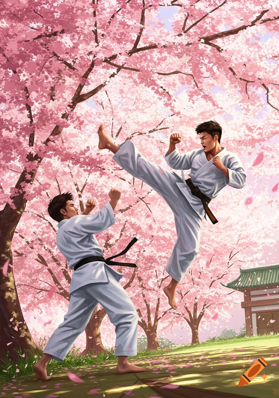 Two men in white karate gis practice martial arts under vibrant pink cherry blossom trees, with one delivering a high kick.