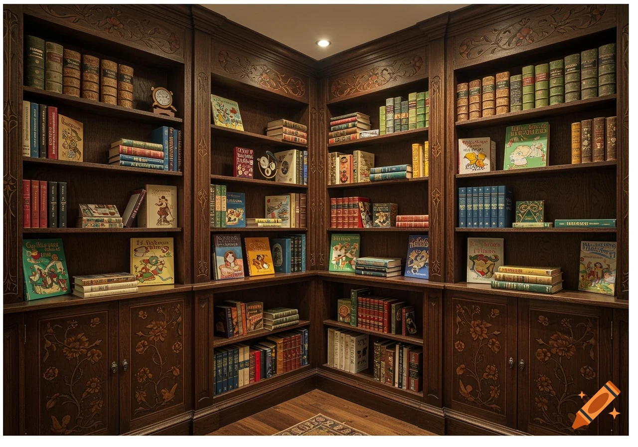 A richly detailed, cozy library corner with dark wooden bookshelves filled with various colorful books, featuring intricate floral carvings on the wood.