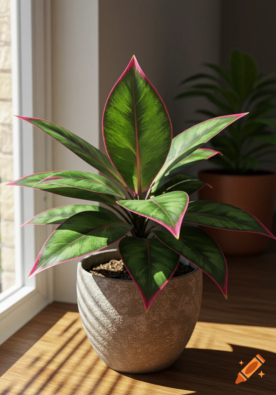 A vibrant green houseplant with pink-edged leaves sits in a gray pot on a wooden surface by a window, bathed in sunlight.