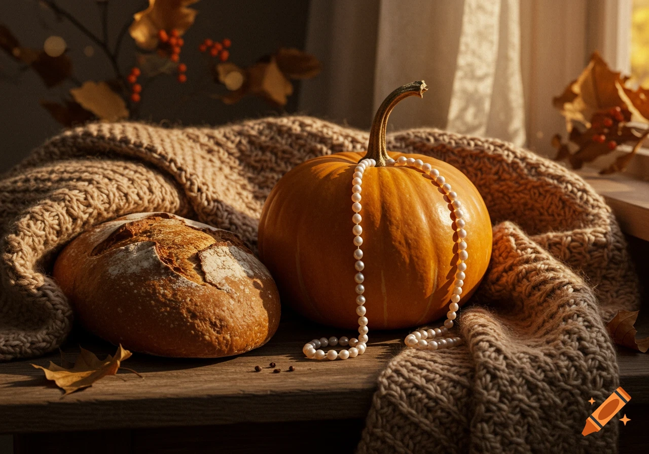 Autumn still life with a pumpkin draped with a pearl necklace, a rustic bread loaf, and a knit blanket on a wooden surface.