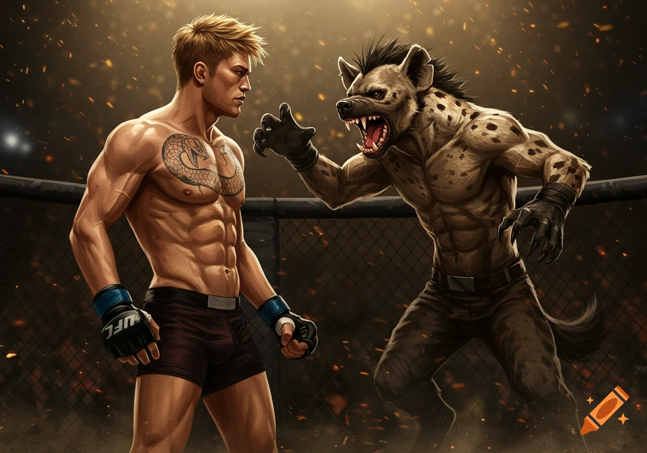 A muscular blonde man with a snake tattoo fights a snarling hyena-man in a cage, styled as detailed fantasy art.