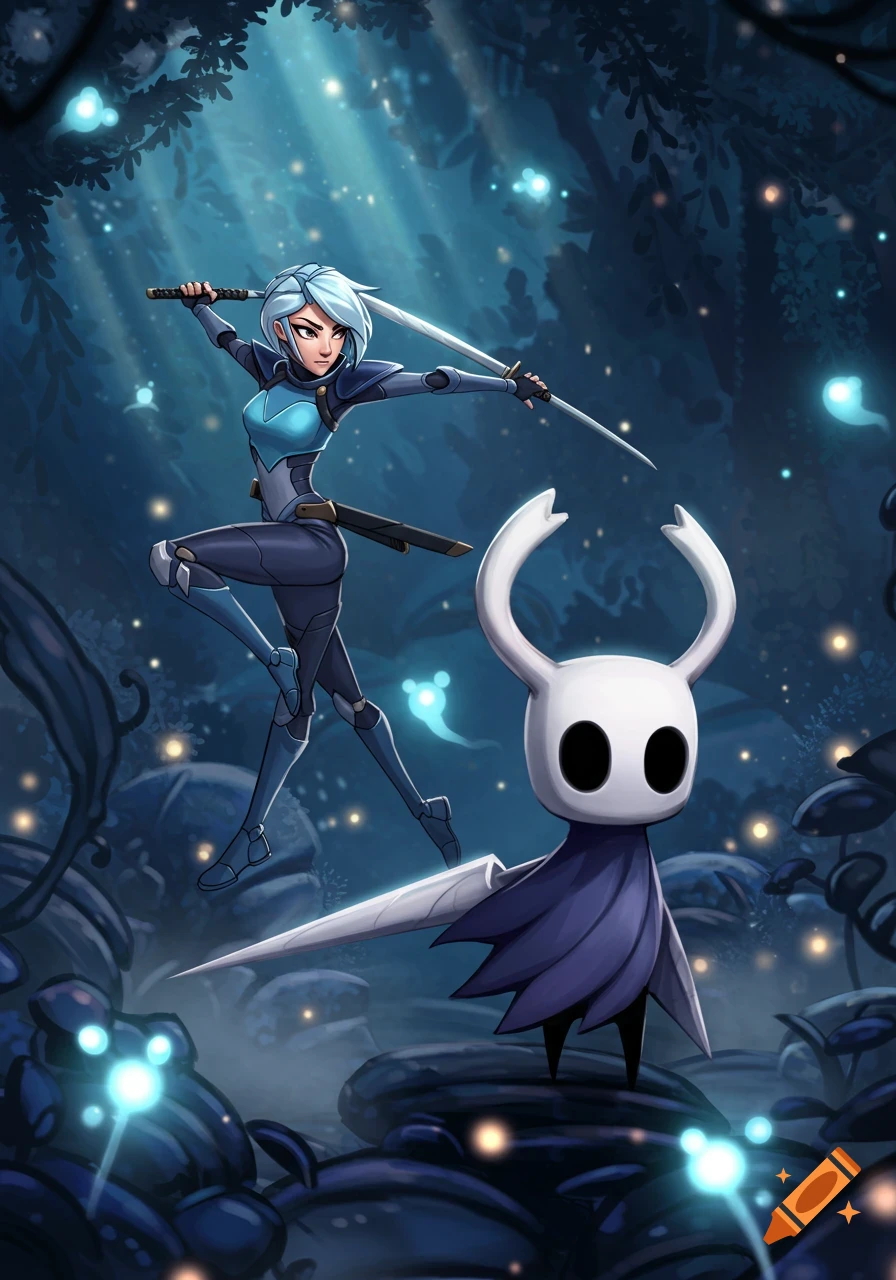 A stylized illustration of Jett from Valorant holding two swords with The Knight from Hollow Knight in a glowing fantasy forest.