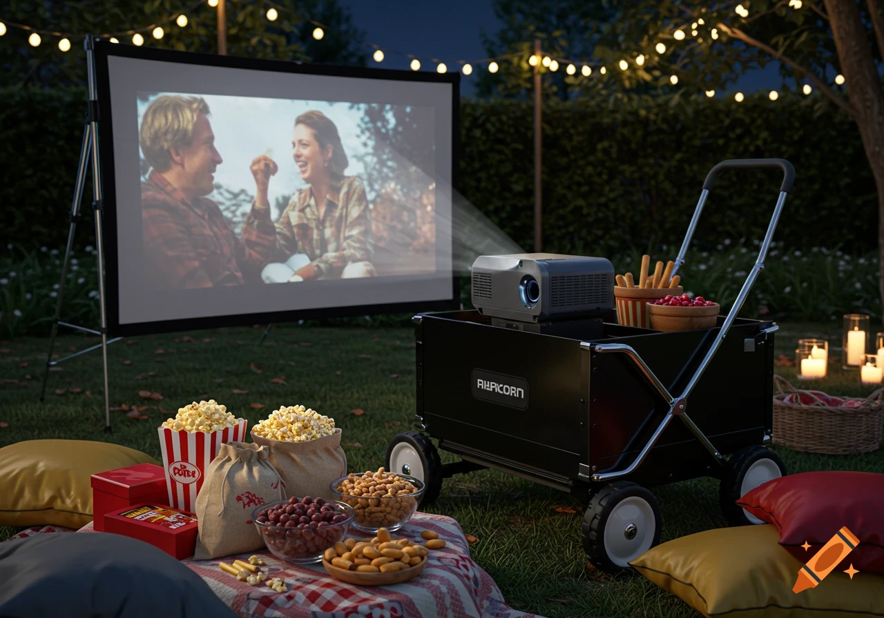 Photorealistic image of an outdoor movie night with a projector, screen, wagon, blankets, and bowls of popcorn and snacks on the grass.