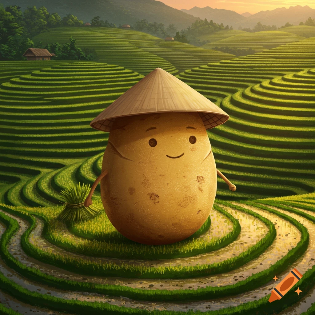 A cartoon potato wearing a conical hat and holding rice stalks stands in a vibrant green terraced rice field at sunset.