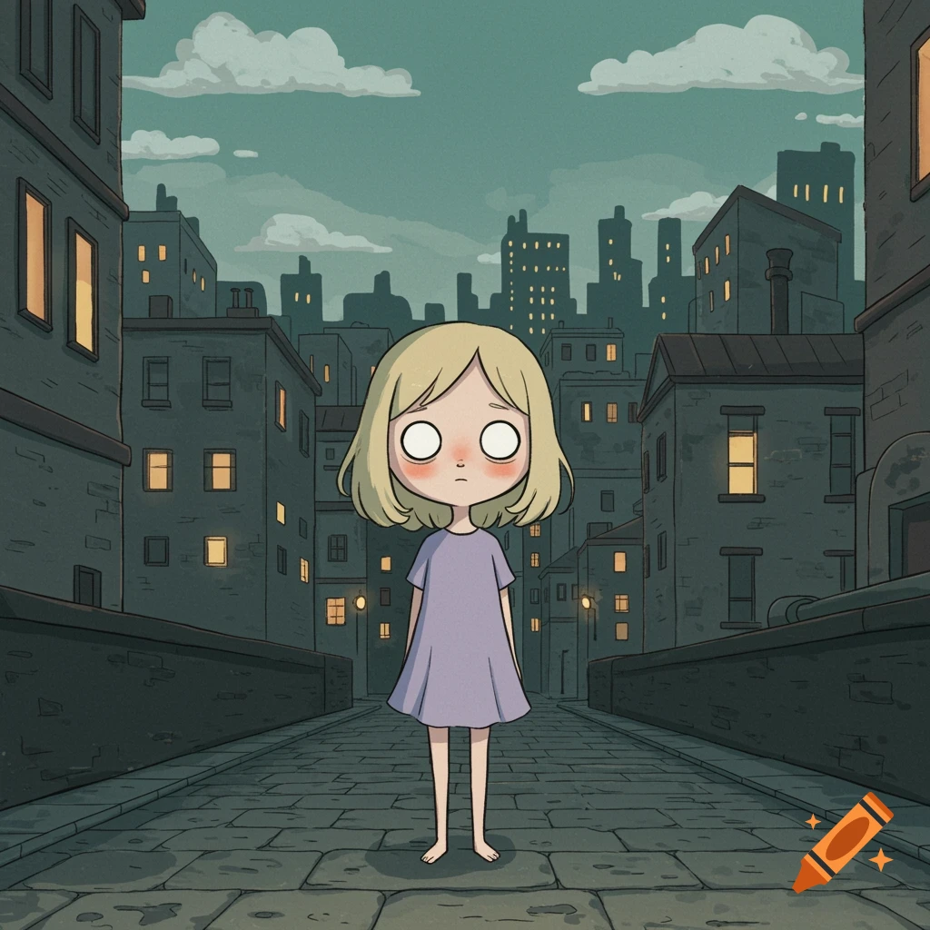 Whimsical cartoon illustration of a blonde girl with large eyes standing on a stone street in an urban setting at night.