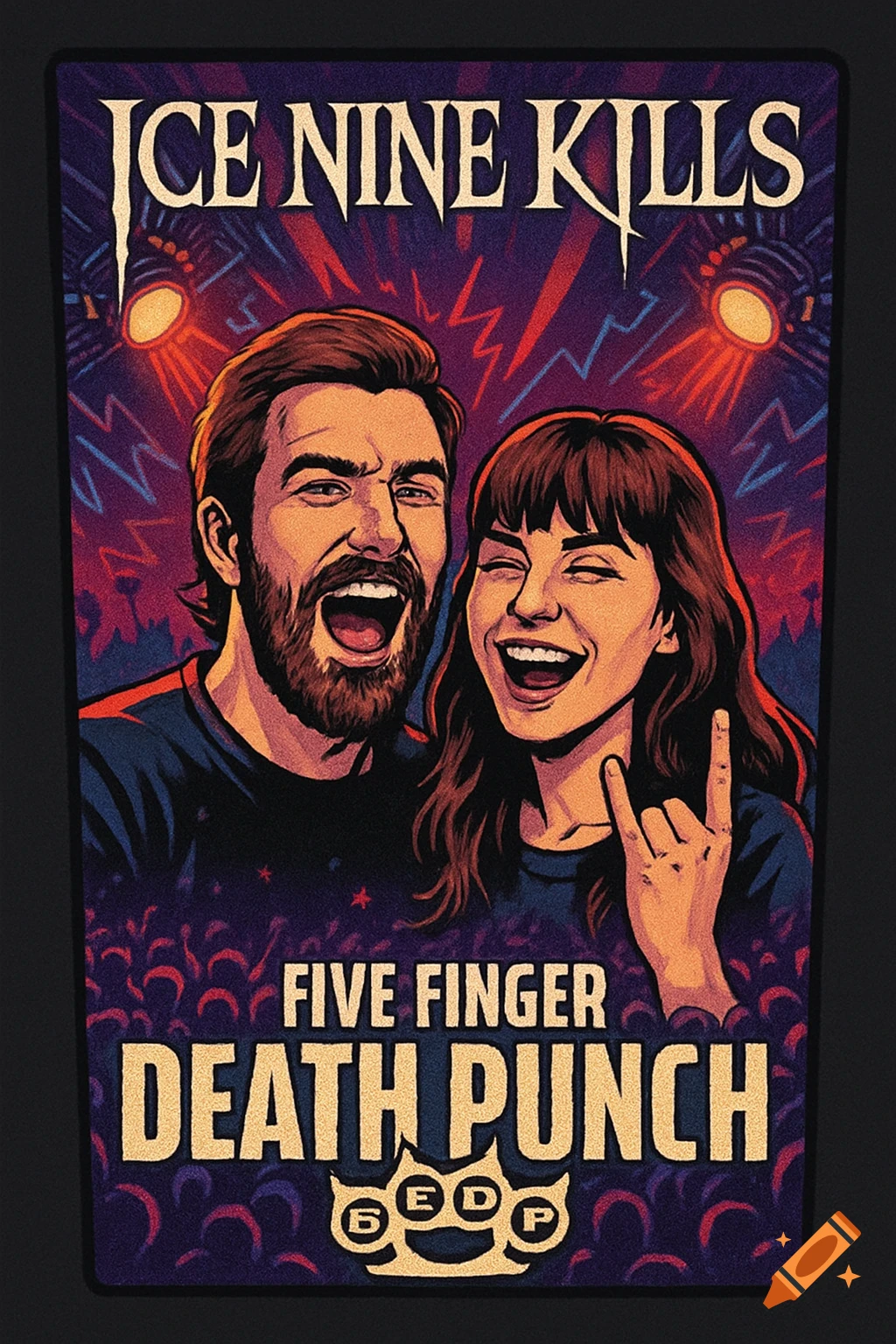 Comic book style concert poster featuring two cheering people, a bearded man and a woman doing a rock-on sign, with band names 'Ice Nine Kills' and 'Five Finger Death Punch' and a crowd.
