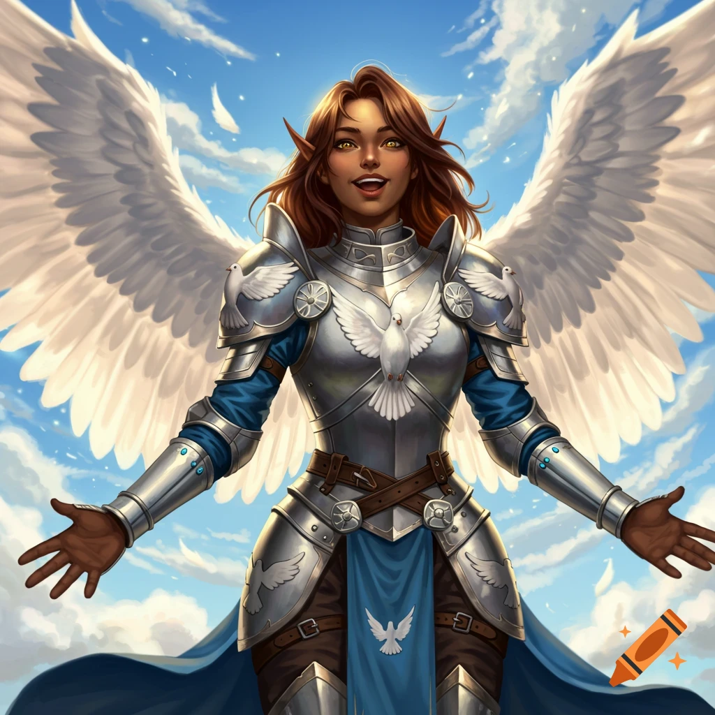 A brown-haired, olive-skinned female half-elf paladin in silver and blue armor with large white wings, smiling excitedly against a cloudy sky.