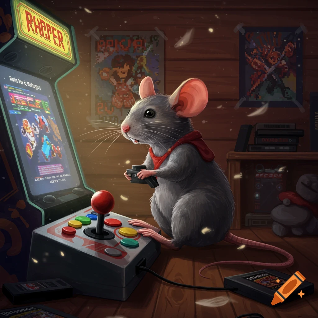 A grey mouse in a red hoodie plays an arcade game in a cozy, wood-paneled room, using both a controller and a joystick.
