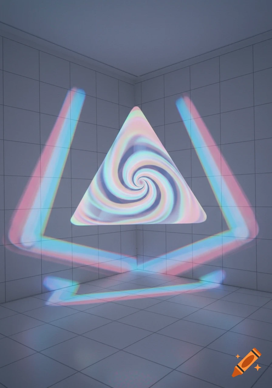 A glowing, swirling pastel triangle projected onto a tiled room, with blue and pink light beams forming a larger triangle.