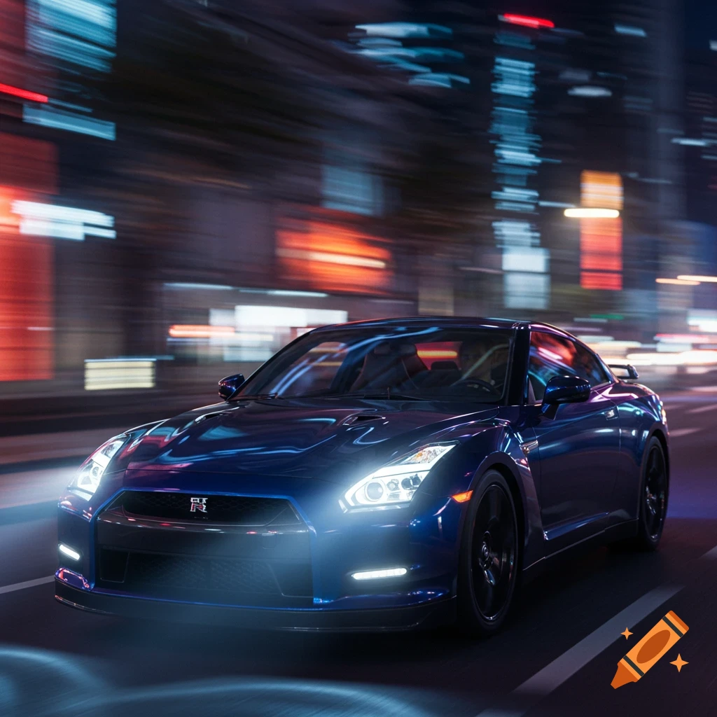A blue Nissan GT-R sports car drives down a city street at night, illuminated by its headlights and blurred city lights.