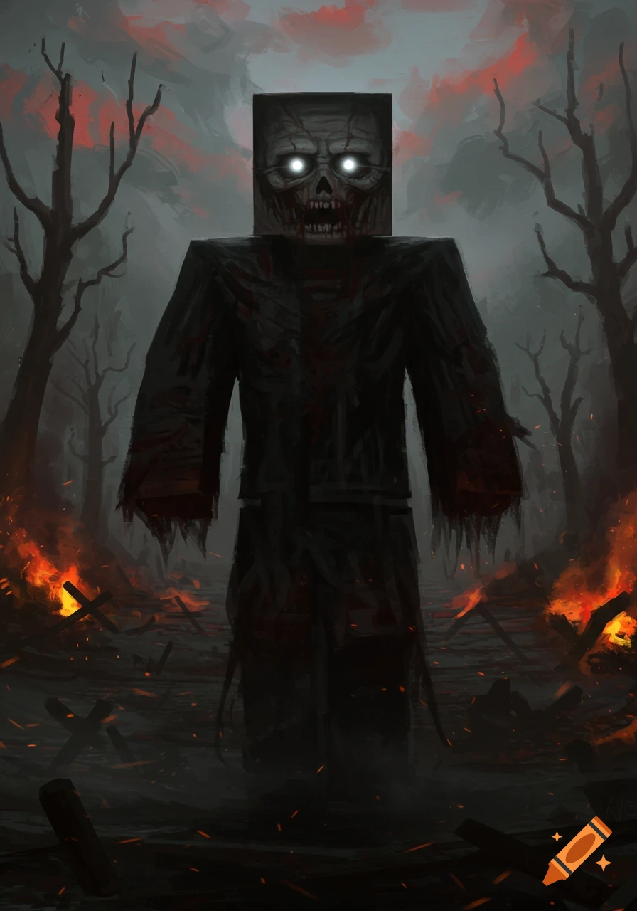 A terrifying Herobrine-like zombie with glowing eyes and a gruesome face stands amidst fire in a dark, barren forest, depicted in a dark fantasy art style.