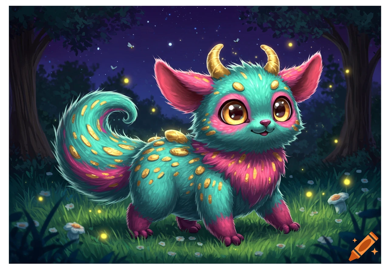 A cute, fluffy teal and pink monster with golden horns and spots smiles in a magical forest at night with fireflies.