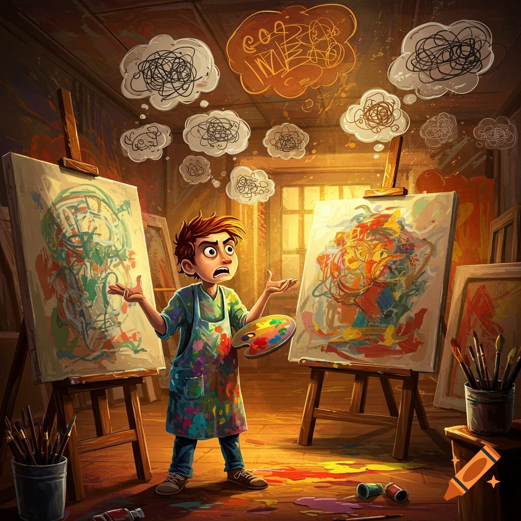A cartoon artist in a paint-splattered apron stands between two messy canvases, looking frustrated with thought bubbles of scribbles above their head, in a sunlit art studio.