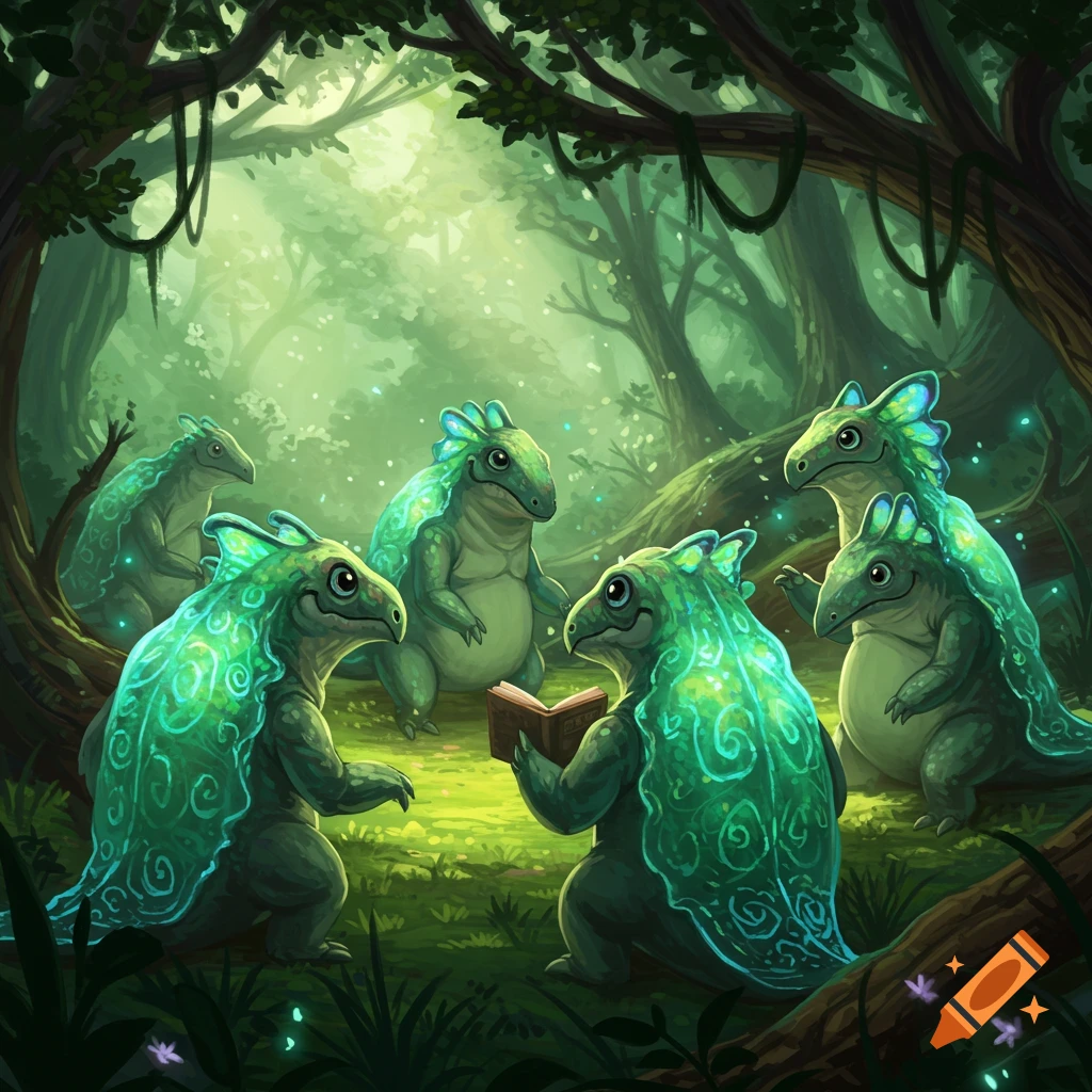 Six glow-patterned green lizard-like creatures gather in a magical, sunlit forest, one reading from an open book.