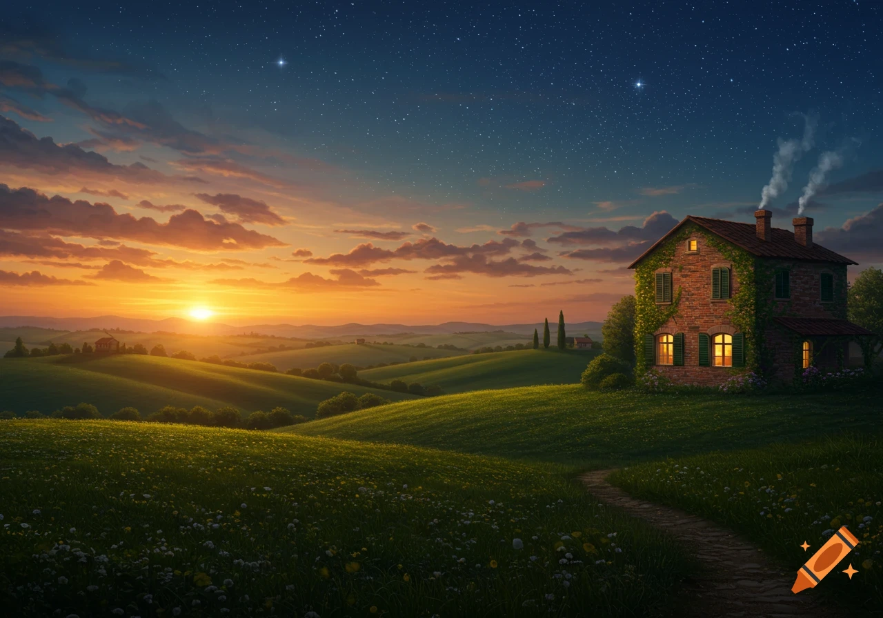 A serene rural landscape with rolling green hills, a brick house with illuminated windows, and a vibrant sunset fading into a starry night sky.