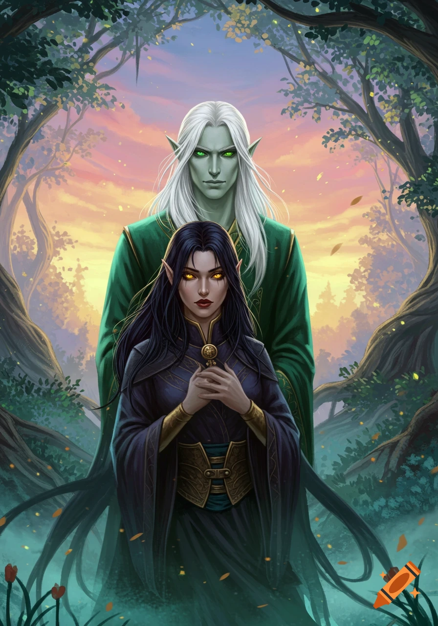 A fantasy illustration of a white-haired, green-eyed male elf behind a black-haired, yellow-eyed female elf in a mystical forest.