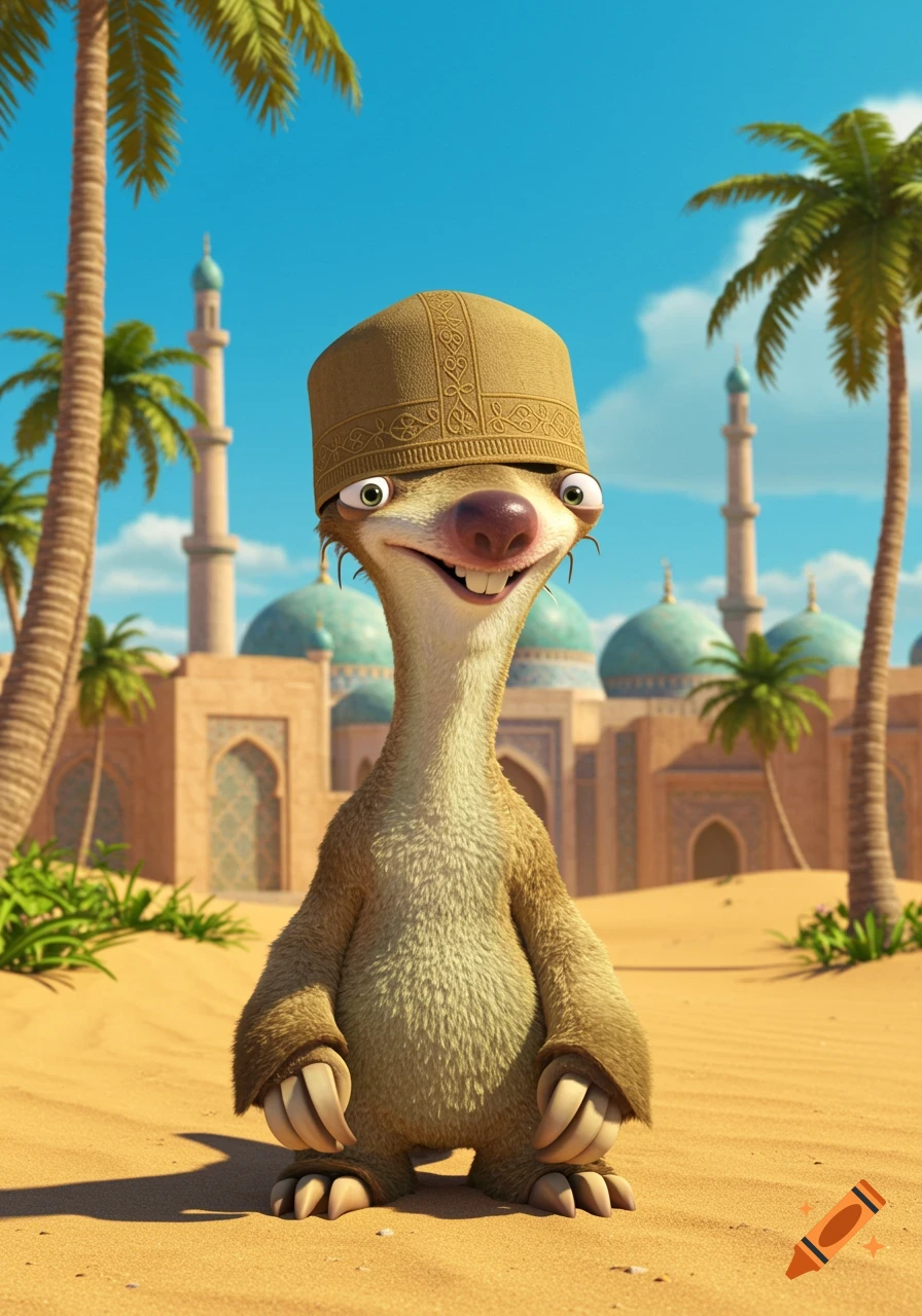 Sid from Ice Age wears a patterned brown hat in a desert with palm trees and a mosque-like building under a blue sky.