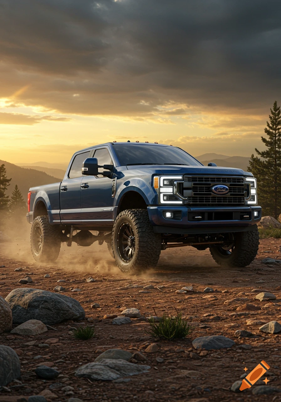 Photorealistic blue Ford F-250 Tremor pickup truck drives on a dusty dirt road in a mountain landscape at sunset.