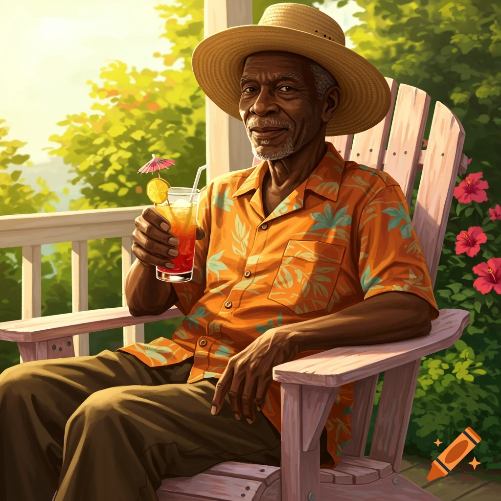 Smiling old Black man in a straw hat and Hawaiian shirt sits on a porch, holding a tropical drink.