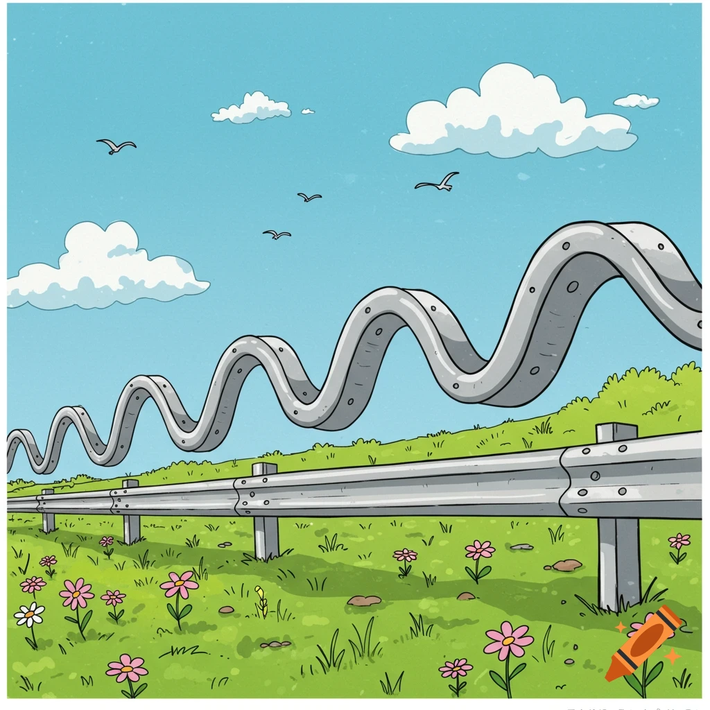 Cartoon-style illustration of a very wavy silver guardrail beside a grassy hill with pink and white flowers, under a blue sky with white clouds and flying birds.