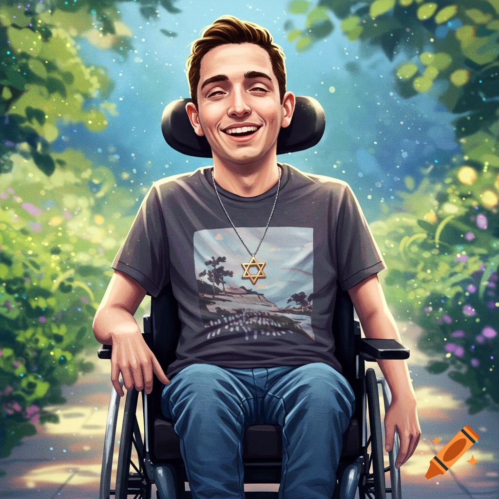 Digital art portrait of a smiling young man in a wheelchair, wearing a Star of David necklace, in a bright, green outdoor setting.