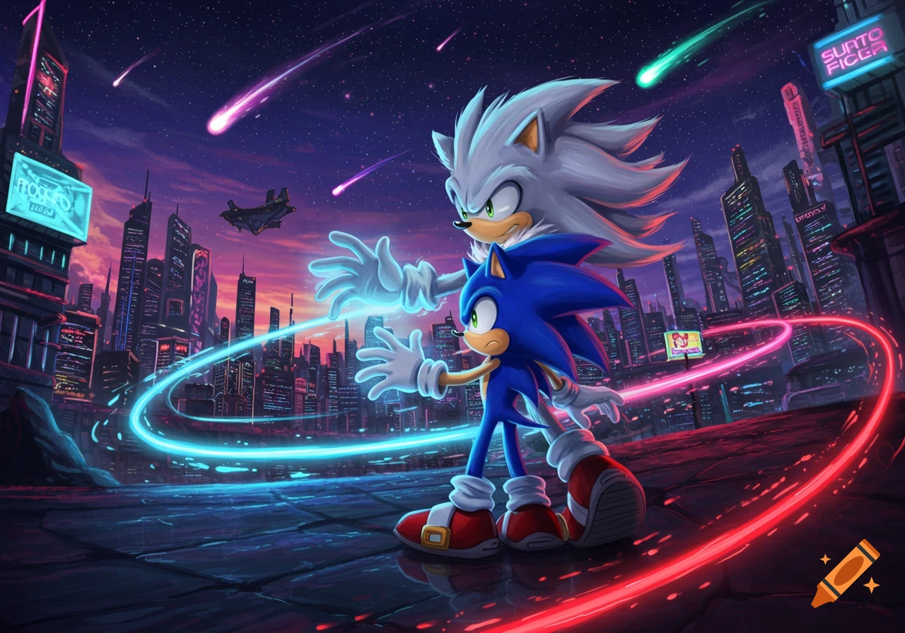 Sonic the Hedgehog and Silver stand in a futuristic neon city at night, surrounded by glowing red and blue trails and falling meteors.