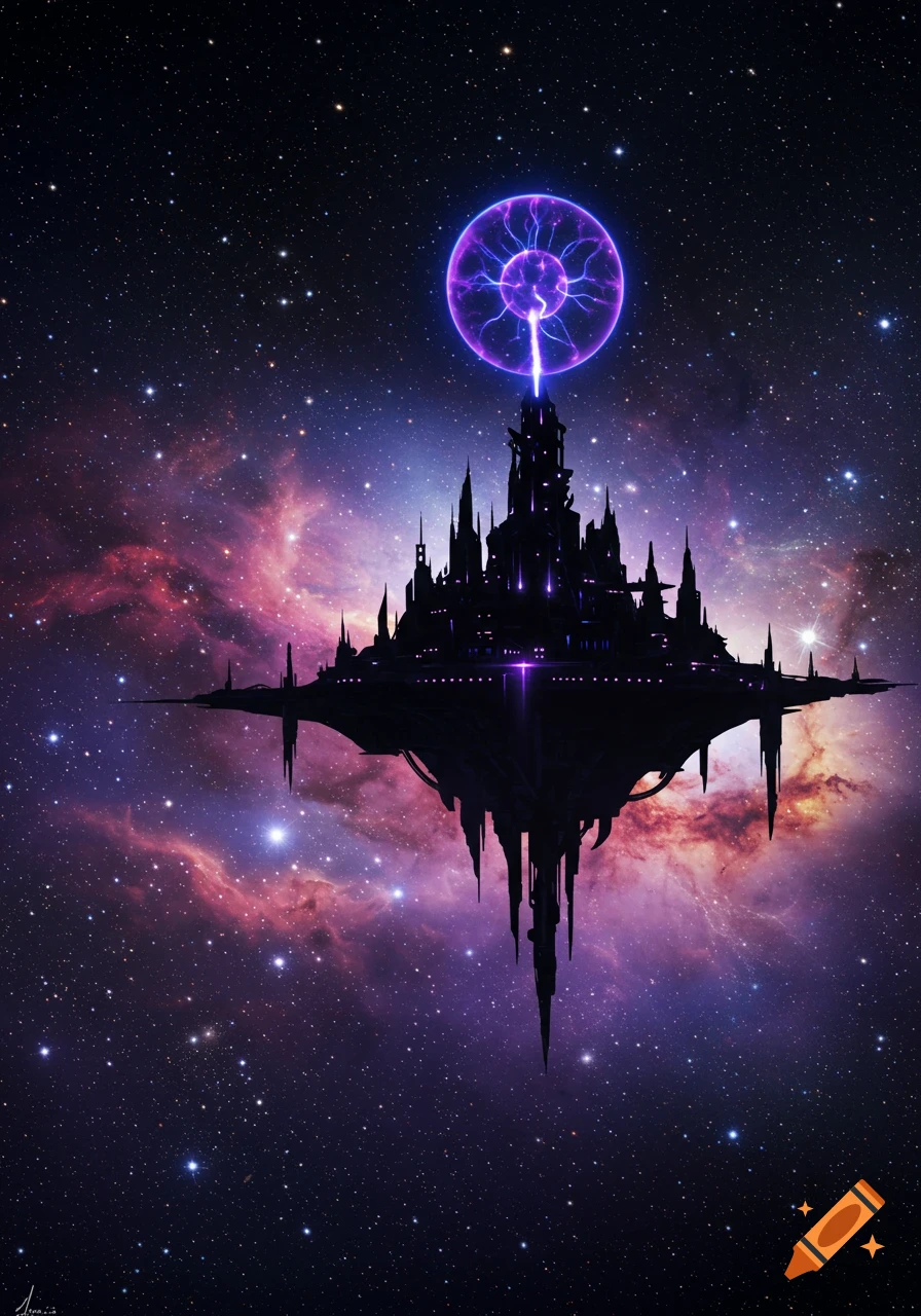 Dark futuristic castle floating in a vibrant purple and pink galaxy, topped with a glowing purple plasma ball.