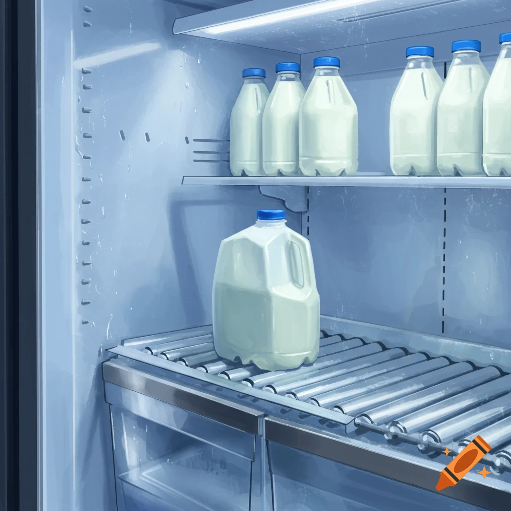 A stylized gallon of milk on a roller shelf in a supermarket fridge, with smaller milk bottles on an upper shelf.