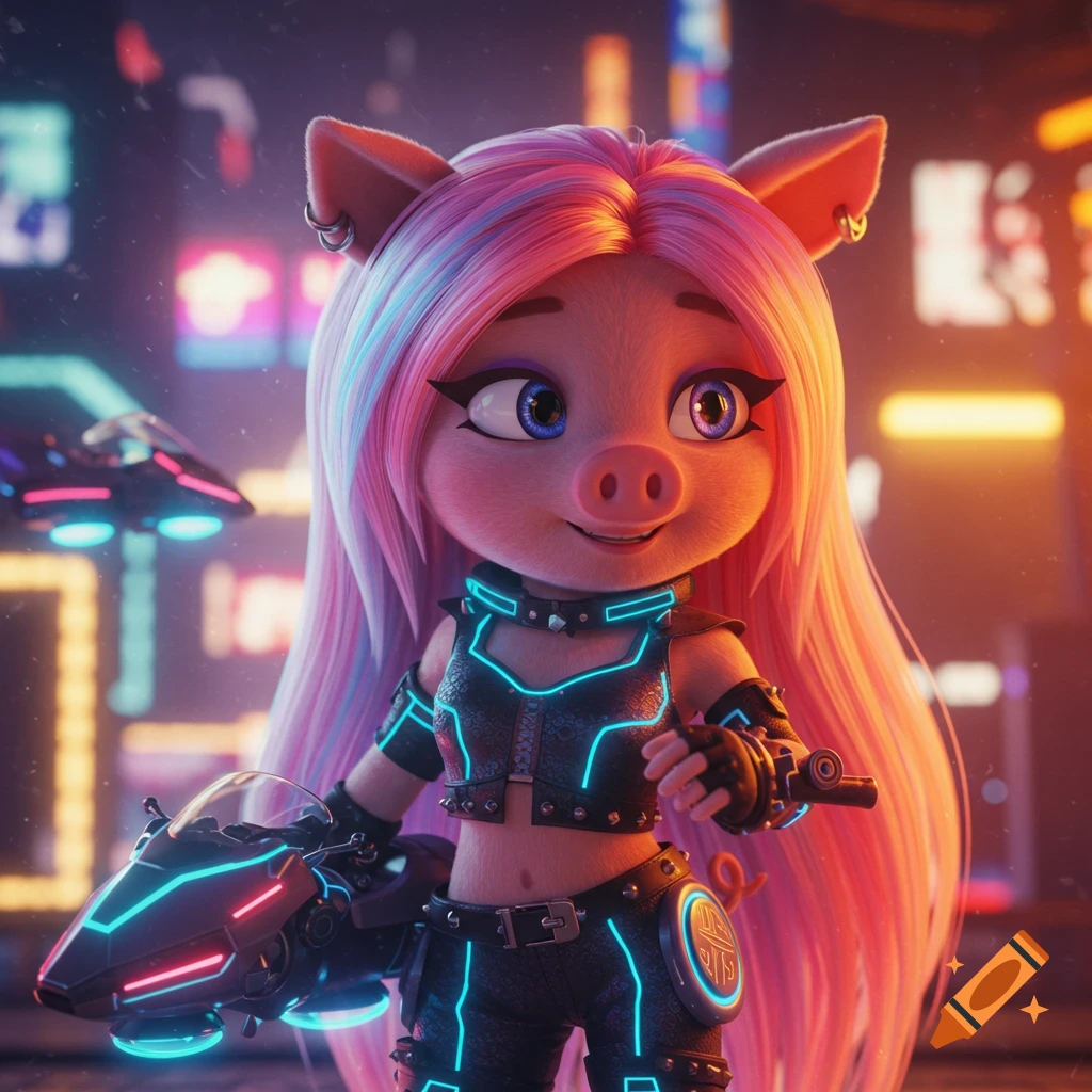 A cute cartoon pig girl with long pink and blue hair, wearing futuristic biker gear with neon lights, holding a hoverbike in a cyberpunk city.