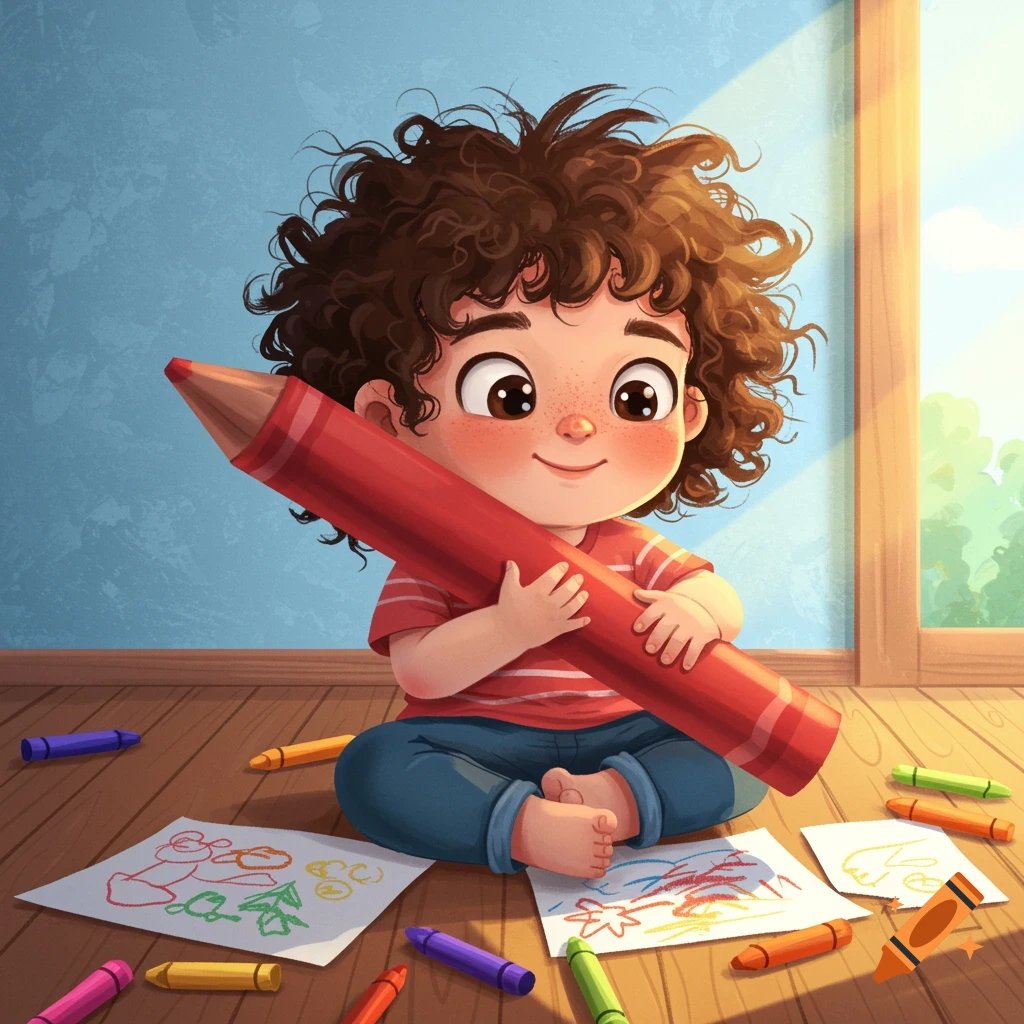A cute cartoon child with curly hair sits on a wooden floor, holding a giant red crayon and surrounded by colorful drawings and crayons.