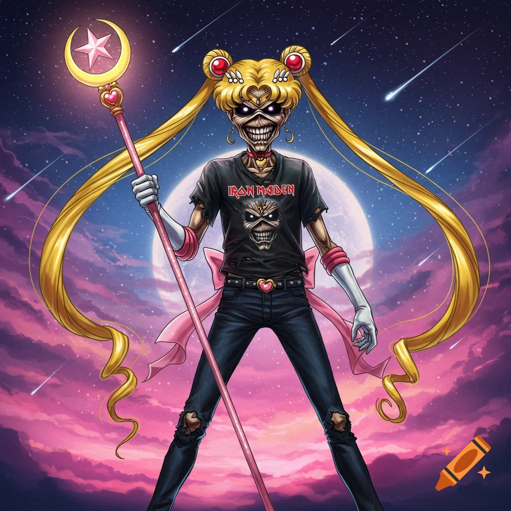 Iron Maiden's Eddie the Head dressed as Sailor Moon, holding a moon scepter, against a starry sky with a full moon.