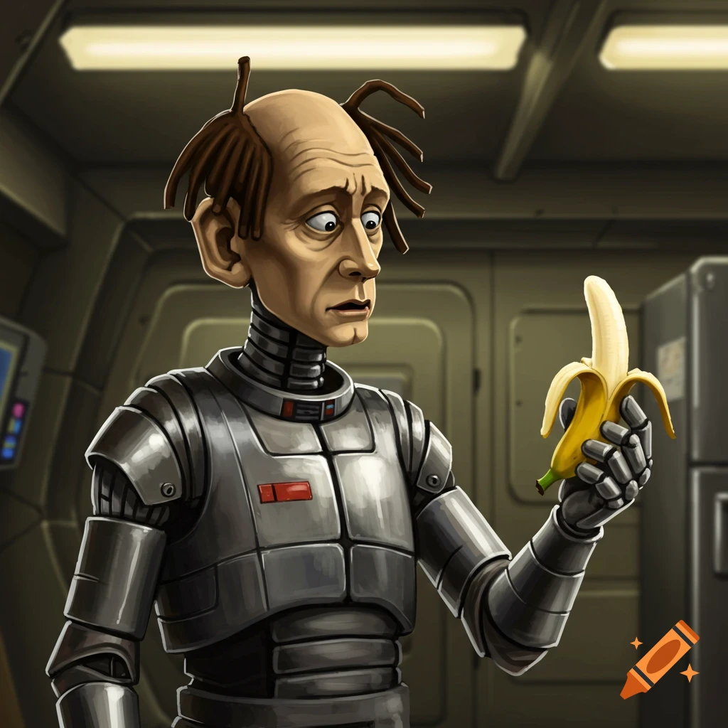 A cartoon robot, resembling Kryten, holds a peeled banana and looks at it with a worried expression in a futuristic interior.