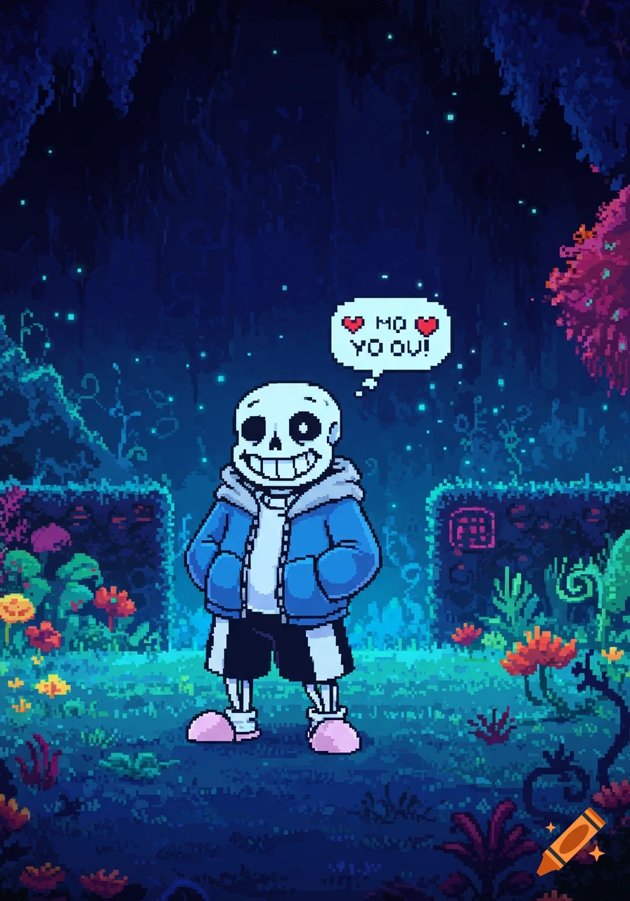 Pixel art of Sans from Undertale smiling in a glowing blue cave, with a speech bubble showing garbled text and hearts.