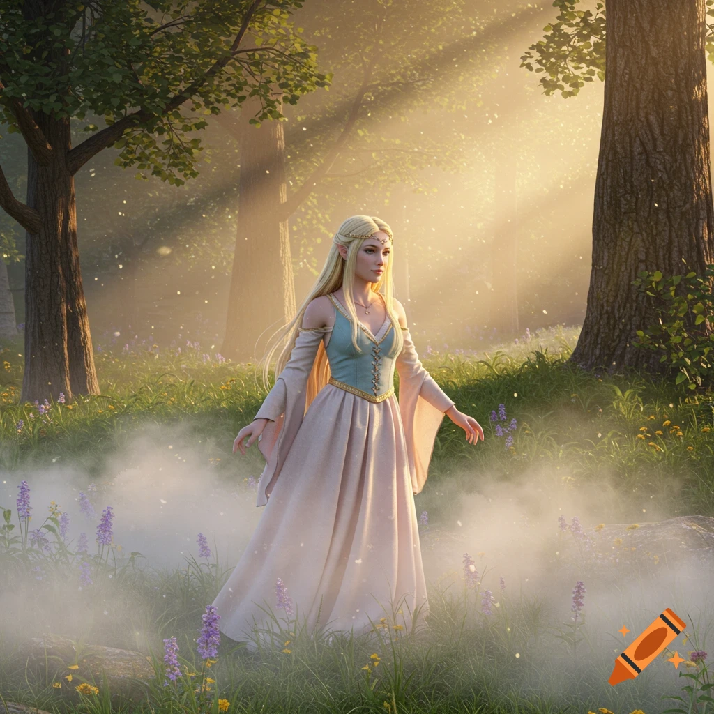 A blonde elf-like woman in a long dress stands in a mystical, sunlit forest with mist and wildflowers.