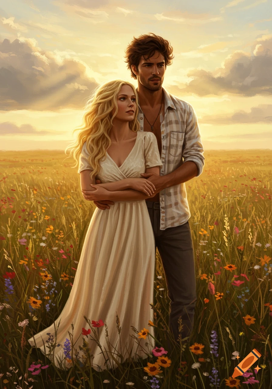 Painterly illustration of a blonde woman and a man embracing in a field of wildflowers at sunset.