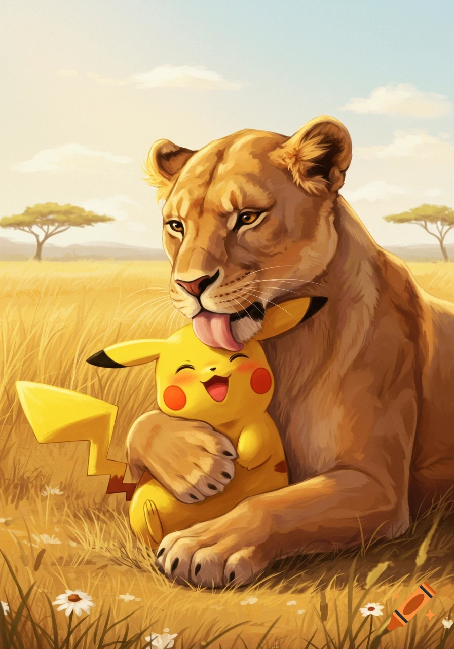 A friendly lioness in a savanna lovingly licks a happy Pikachu she is hugging, in a digital art style.