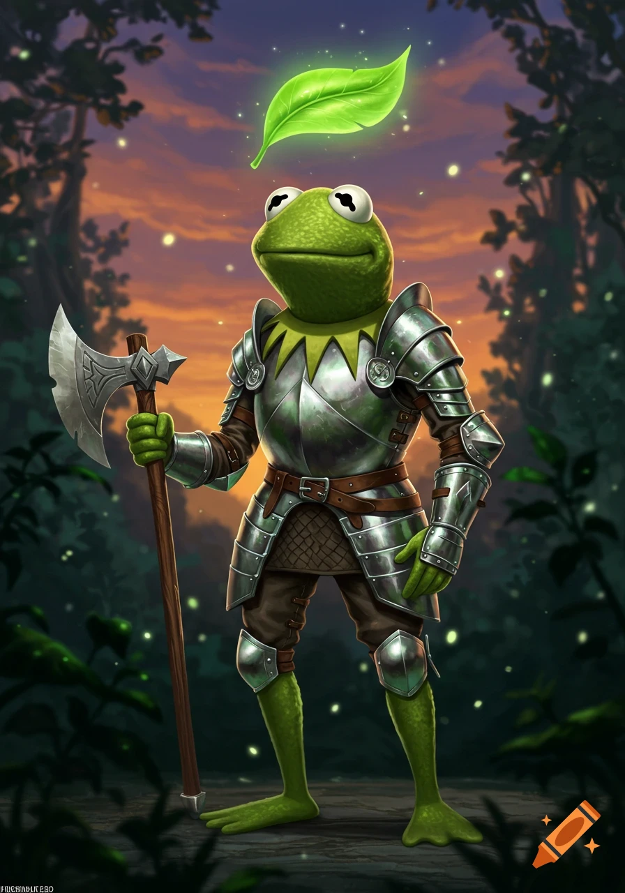 Kermit the Frog, as a paladin in shiny silver armor, holding an axe, with a glowing green leaf floating above his head. He stands in a magical forest at sunset.
