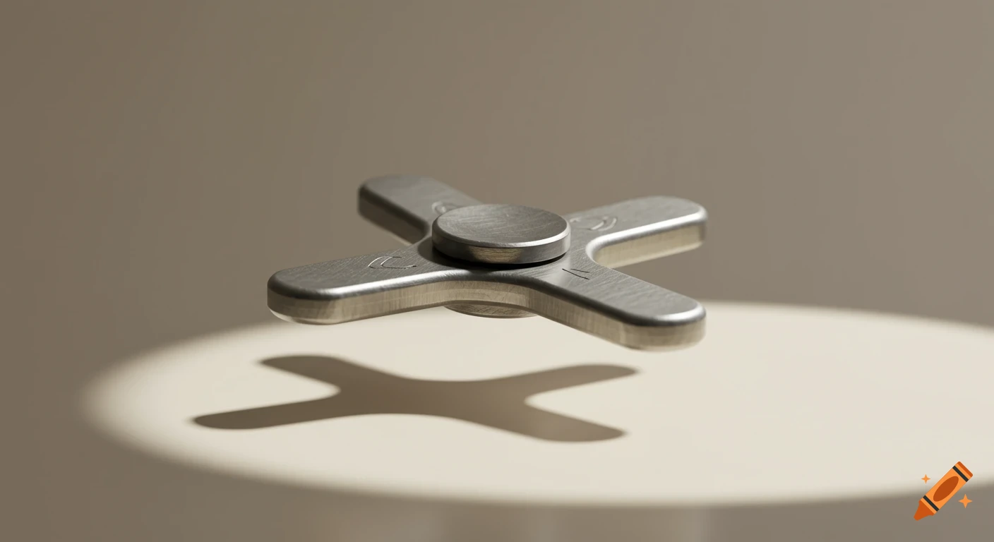 A photorealistic close-up of a silver fidget spinner floating above a beige surface with a spotlight effect and shadow.