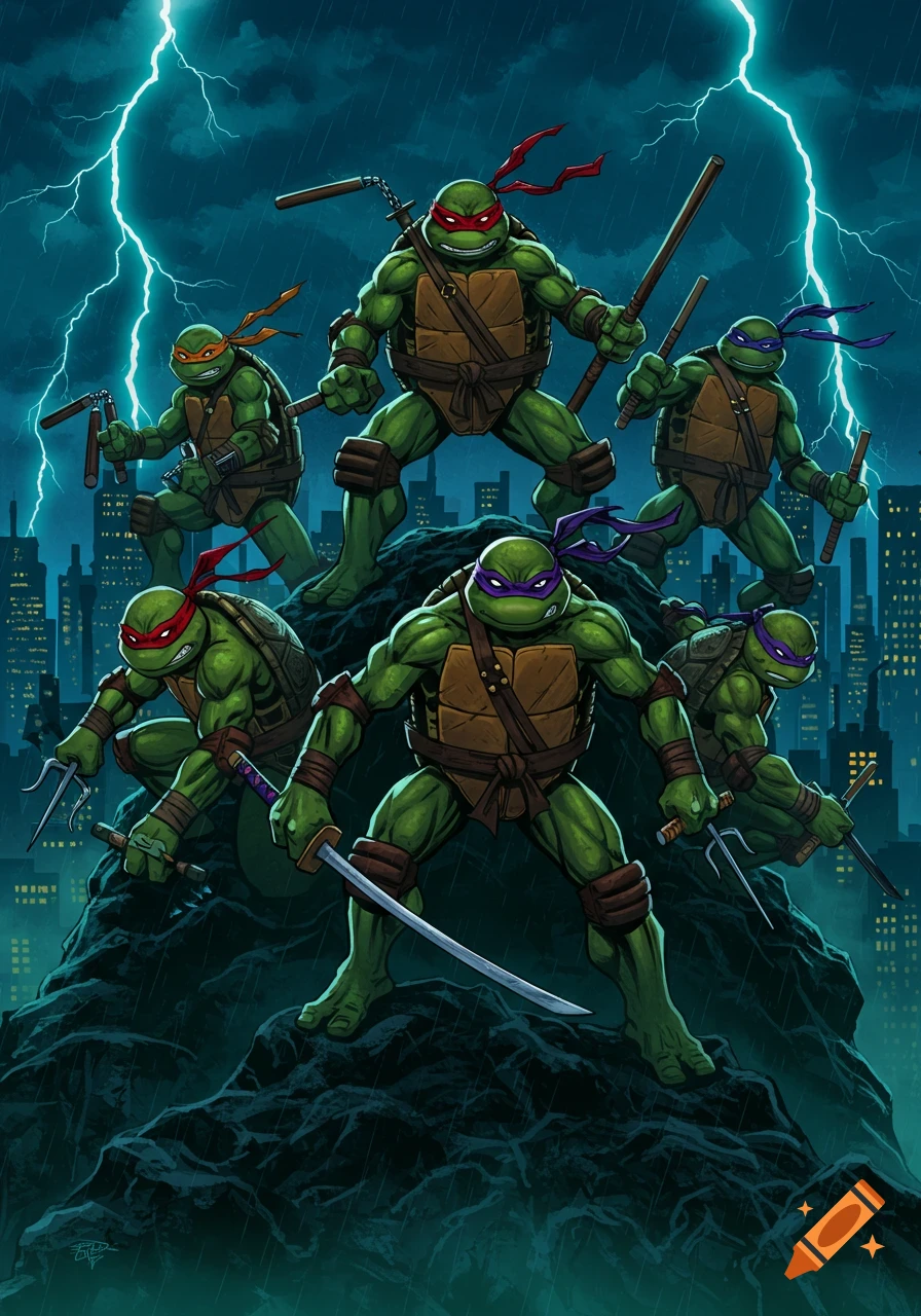 Six Ninja Turtles, with weapons, stand heroically on a rock above a city during a lightning storm, comic art.