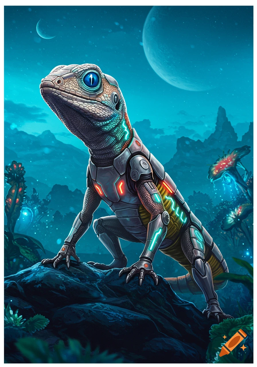 A cyborg lizard with glowing blue eyes and metallic armor stands on a rocky alien landscape under a blue sky with planets.