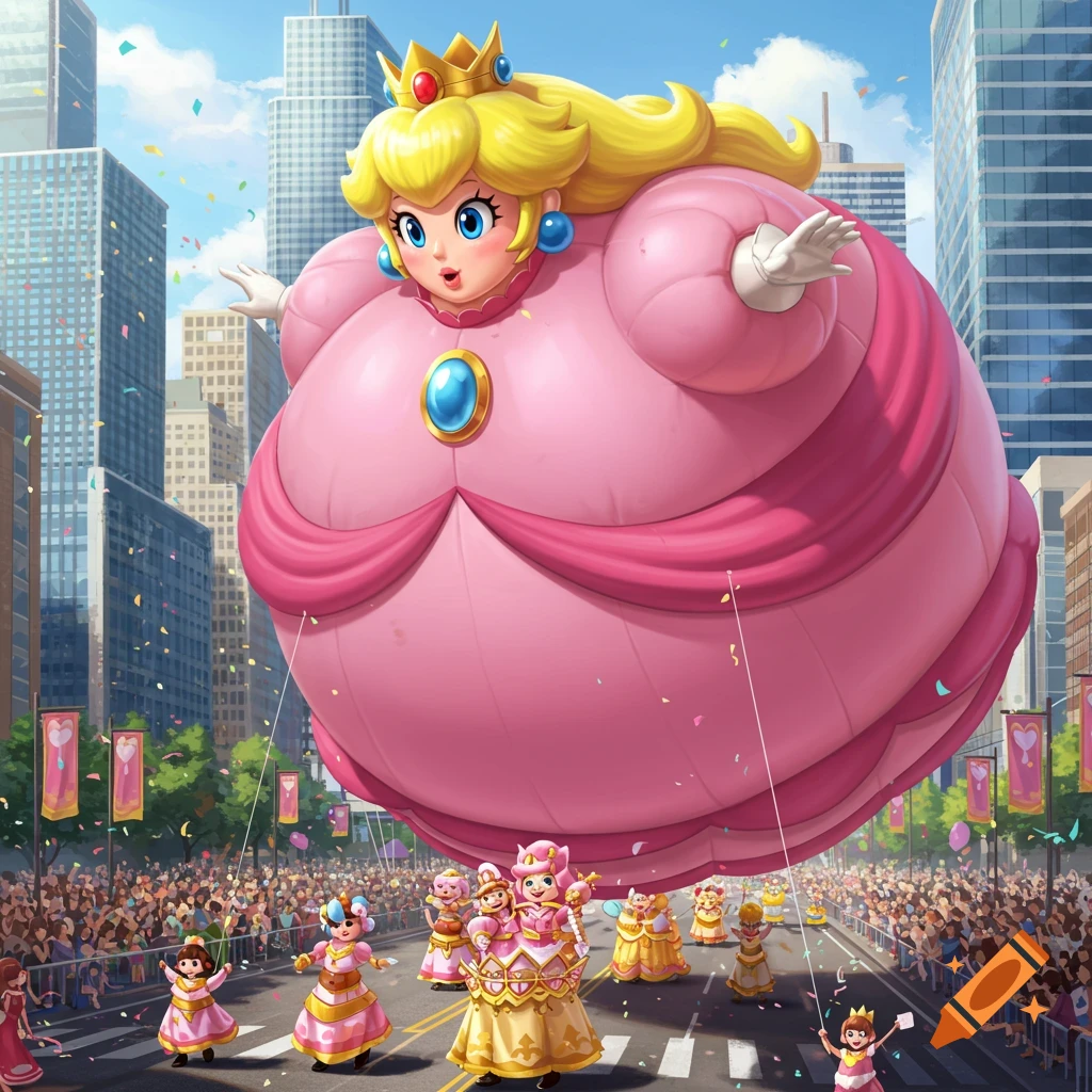 A giant inflatable Princess Peach balloon floats through a city parade with smaller Princess Peach characters and spectators.